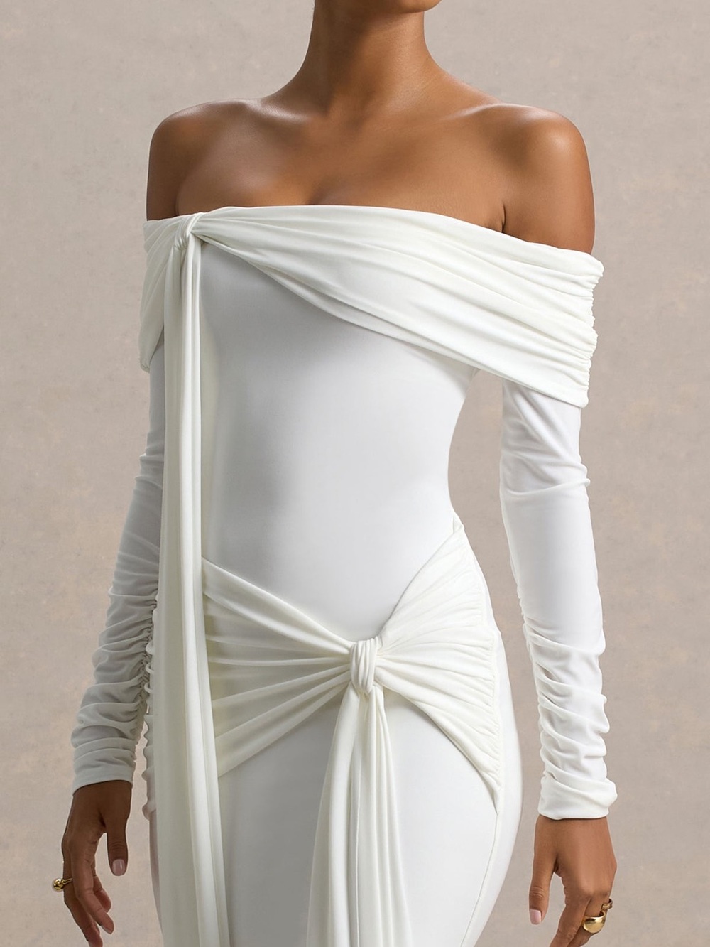 Off-Shoulder White Draped Knot Maxi Dress | Club L London - JOVIE - Picture 5 of 6